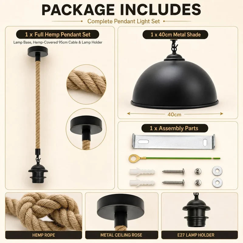 Industrial Kuppel Seil Pendelleuchte Ø40cm | E27 Hanfseil Esstischlampe 1m~4123
