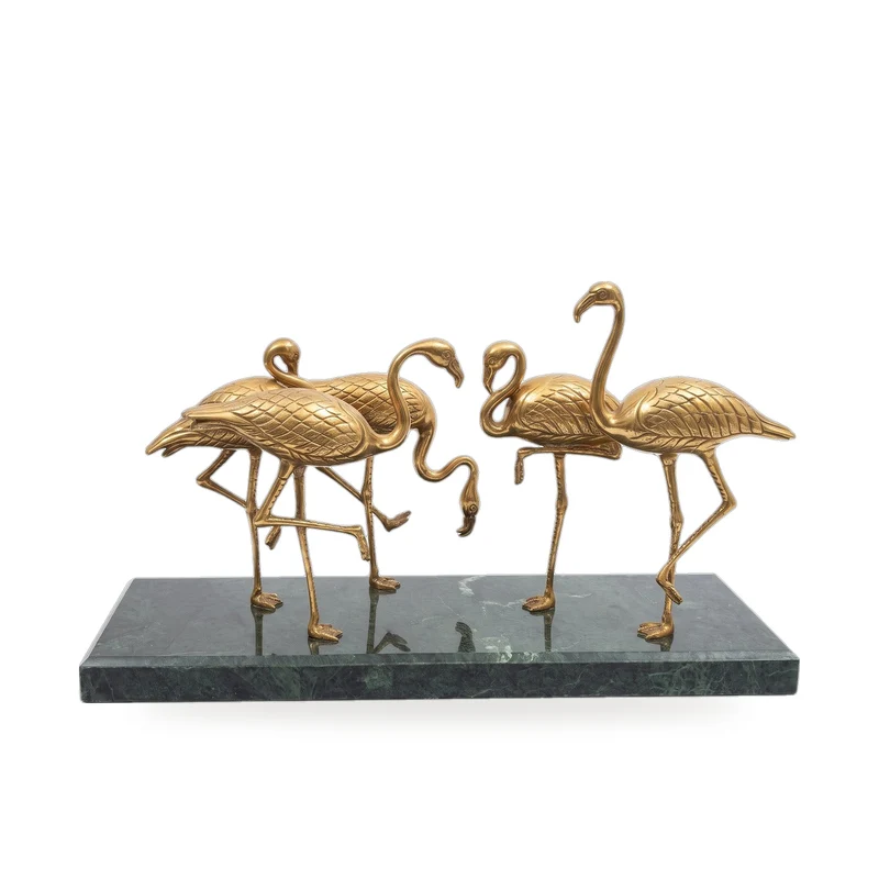 Casa Padrino Luxus Messing Skulptur Flamingo Gruppe auf grüner Marmorplatte