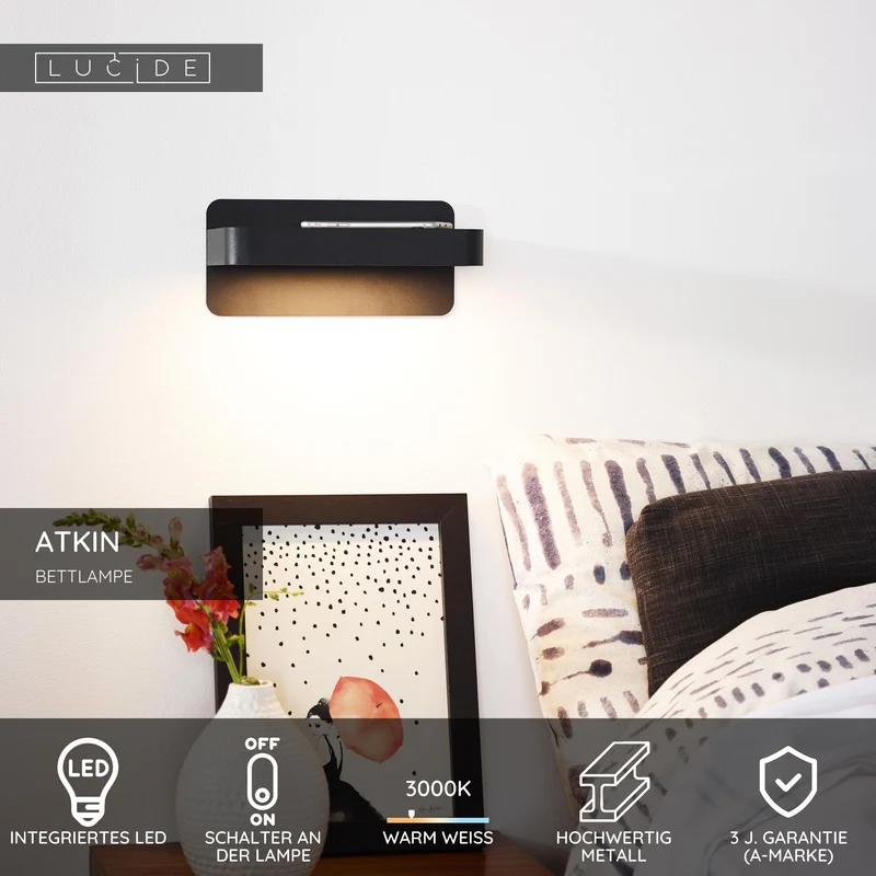 LED-Bettleuchte Atkin mit USB-Ladeanschluss 350lm Warmweiß
