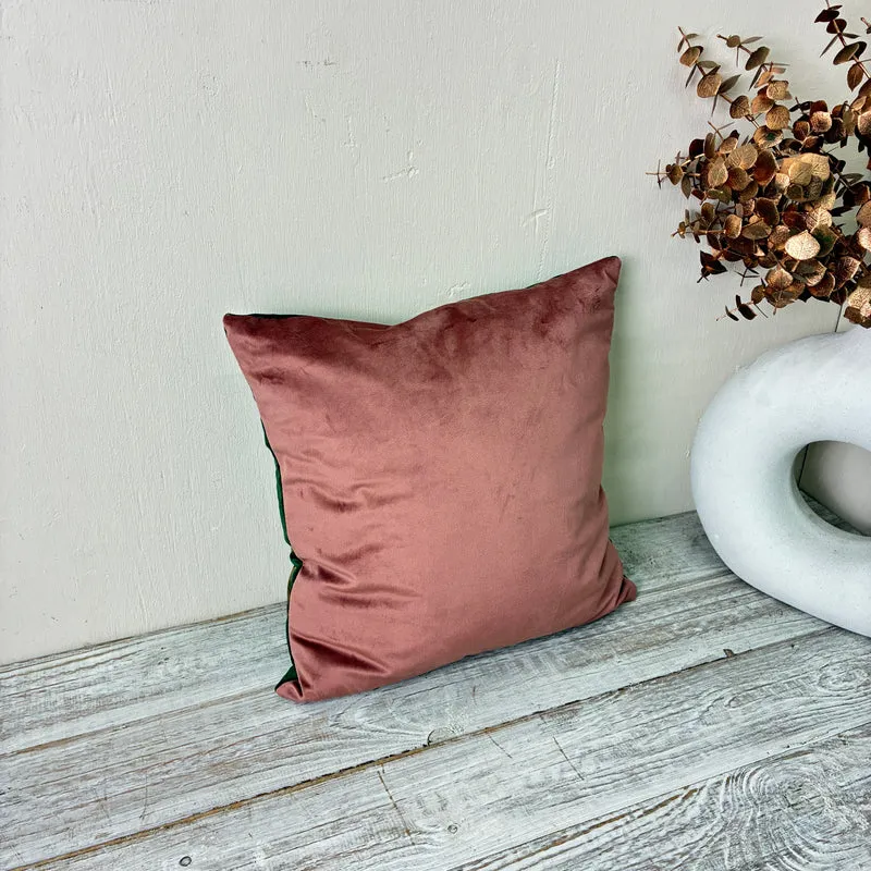 Designer Dekokissen Kronenkranich Smaragdgrün & Altrosa Samt