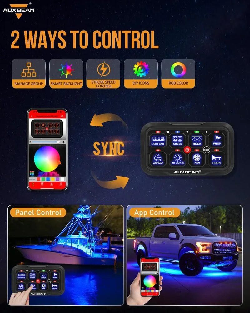 8-Wege-Auxbeam-Bedienfeld mit mobiler App
