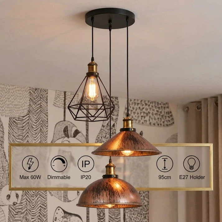 3 flammige Bistro Clusterleuchte – Vintage Industrie Hängelampe | E27 ~4170