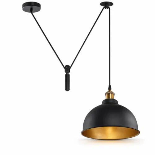 Höhenverstellbare Pendelleuchte Schwarz Gold – Vintage Seilzug | Ø21cm | E27 ~4077