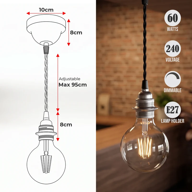 E27 Decken Pendelleuchte mit 1m Verdrilltem Kabel Schwarz | All Seasons Life~4064