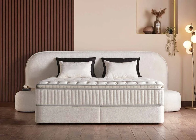 Casa Padrino Luxus Boxspringbett mit gerundetem Kopfteil Creme 180 x 200 cm - Luxus Schlafzimmer Möbel