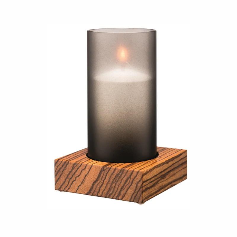 Tischleuchten Mokuzai 100x100mm aus Naturholz mit Zierglas Ø70|Heliotron|Verschiedene Varianten