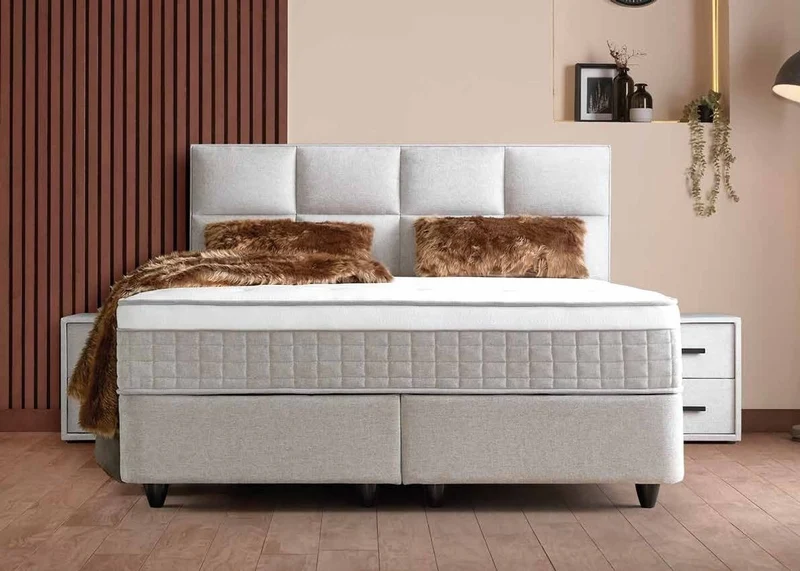 Casa Padrino Luxus Boxspringbett mit Kopfteil in Feldoptik Creme 90 x 200 cm - Luxus Schlafzimmer Möbel