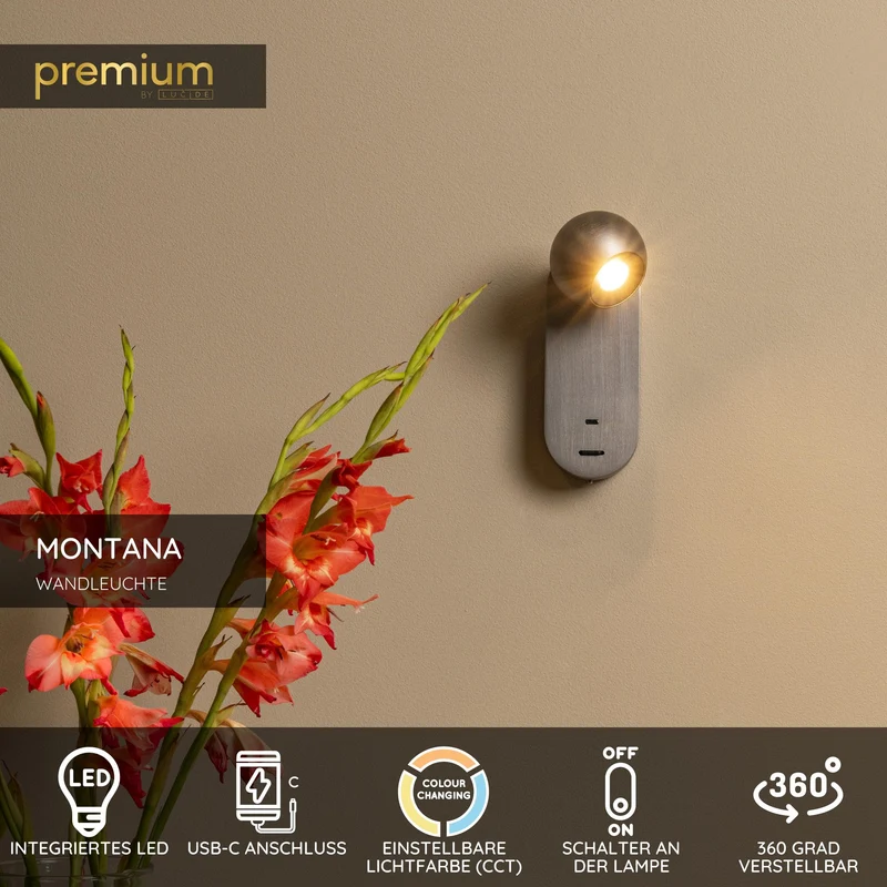LED-Wandleuchte Montana mit CCT und USB-C-Ladeanschluss