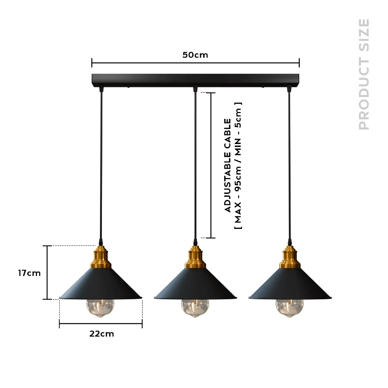 3-flammige Vintage Pendelleuchte Schwarz E27 Retro ~3909