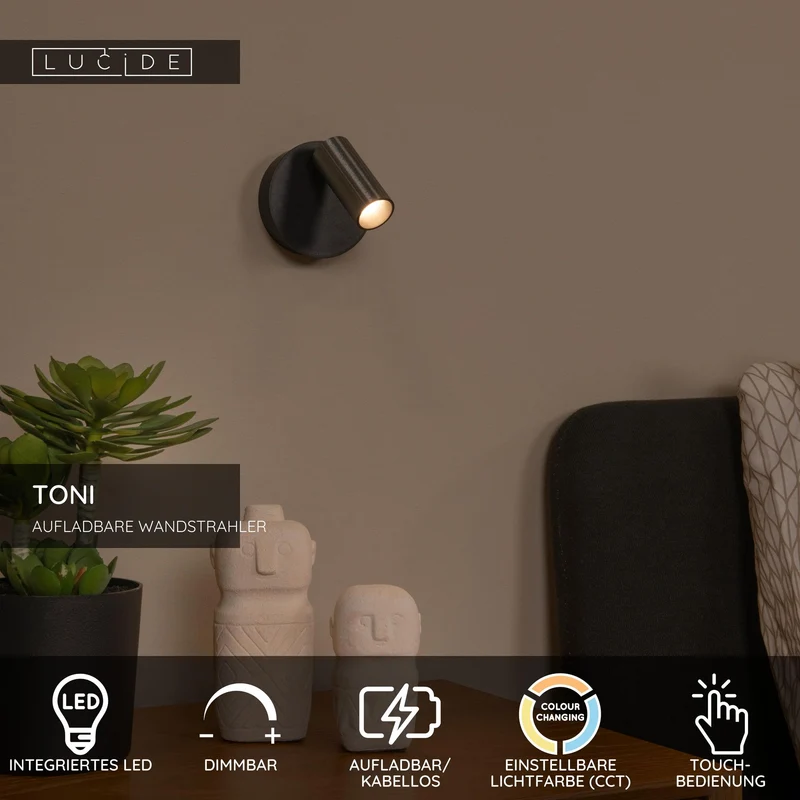 LED-Wandstrahler Toni mit Akku, Touchdimmer und einstellbarer Lichtfarbe