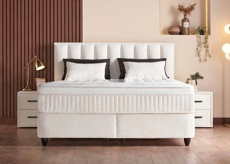 Casa Padrino Luxus Boxspringbett mit Kopfteil in Streifenoptik Creme 180 x 200 cm - Luxus Schlafzimmer Möbel