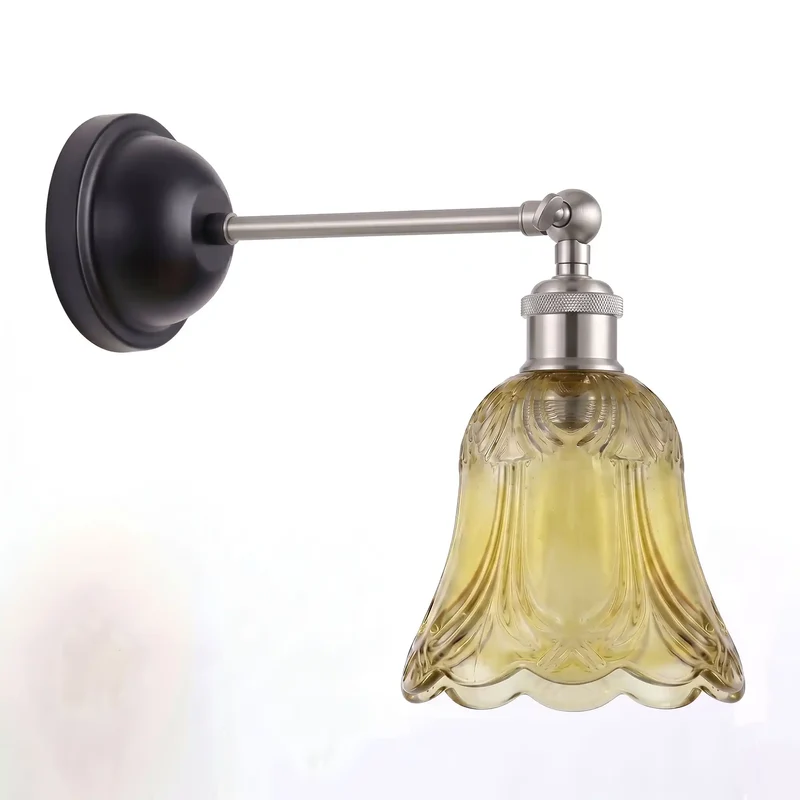 Vintage-Wandleuchte aus bernsteinfarbenem Glas mit E27-Fassung und verstellbarem Arm~3801
