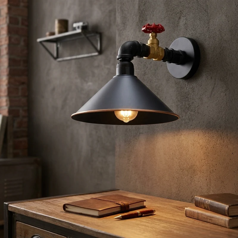Wasserrohr Wandleuchte Steampunk Schwarz | Loft Bar Wandlampe Metall~3880