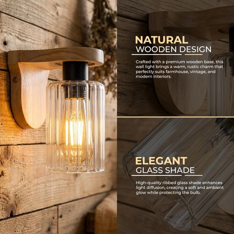 Wandleuchte aus Holz mit E27-Fassung und geripptem Glas – Vintage-Lampe für den Innenbereich~3696