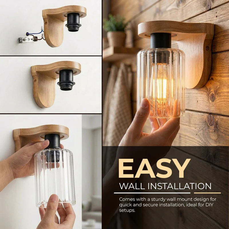 Wandleuchte aus Holz mit E27-Fassung und geripptem Glas – Vintage-Lampe für den Innenbereich~3696