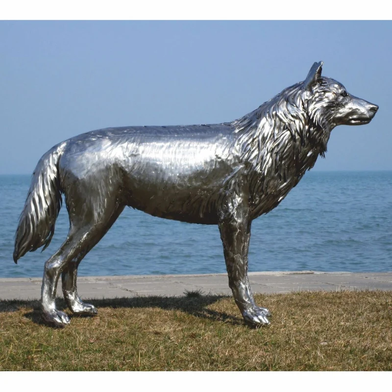Casa Padrino Luxus Deko Skulptur Wolf Silber 142 cm - Lebensgroße Edelstahl Skulptur - Garten Deko Figur - Garten Metall Skulpturen