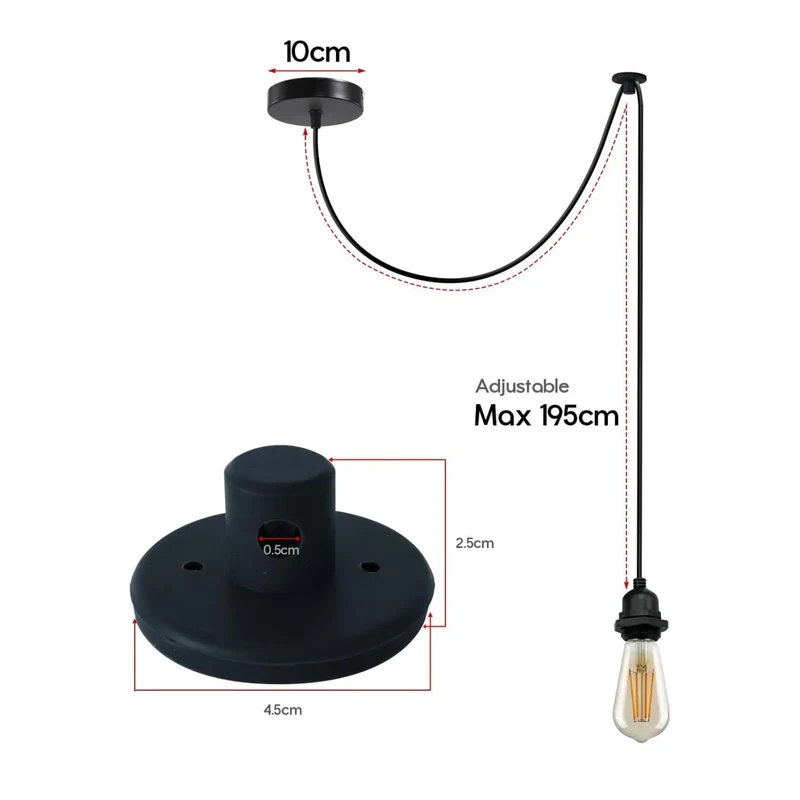 E27 Pendelleuchte IP44 Lampenfassung Schwarz Metall 2 m PVC-Kabel~3886