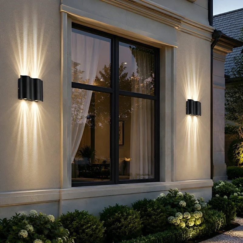 Zwarte Aluminium Buitenlamp Wandverlichting Waterdicht IP54 LED Golfpatroon Up-Down Verlichting 2-6 Spots Tuin | Sansoti