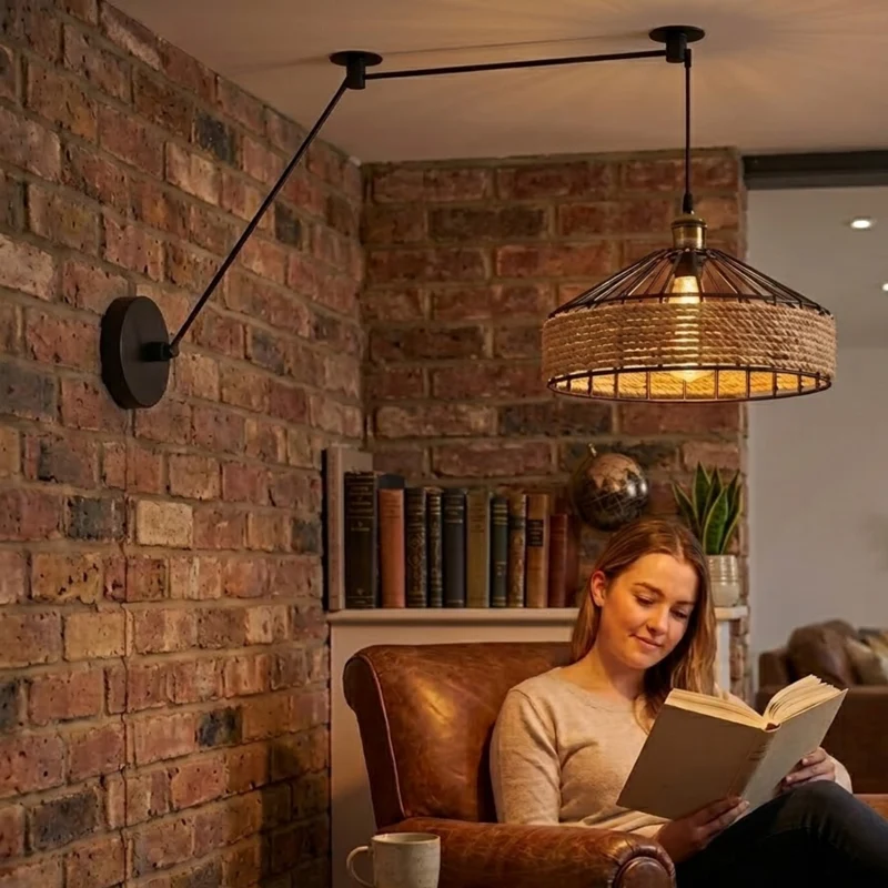 Dezentrale Pendelleuchte Wandanschluss | Hanfseil & Metallkäfig Lampe Ø 30/40cm~3811