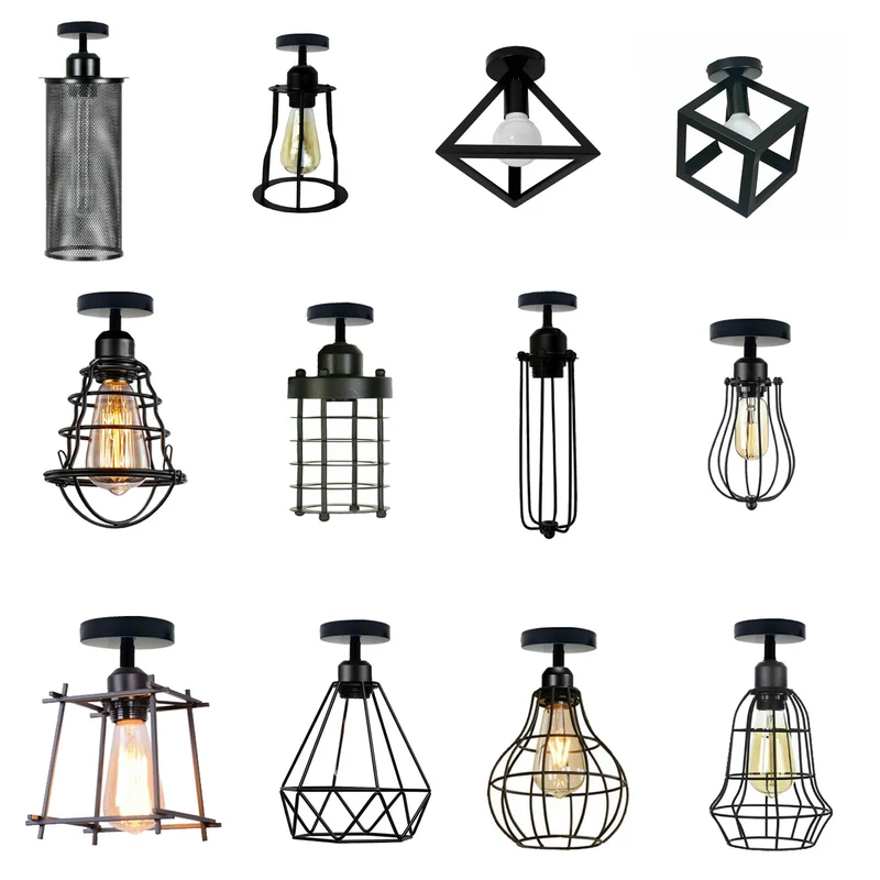 Vintage Geometrische Deckenlampe Schwarz Metall | Retro Käfigleuchte E27~3729