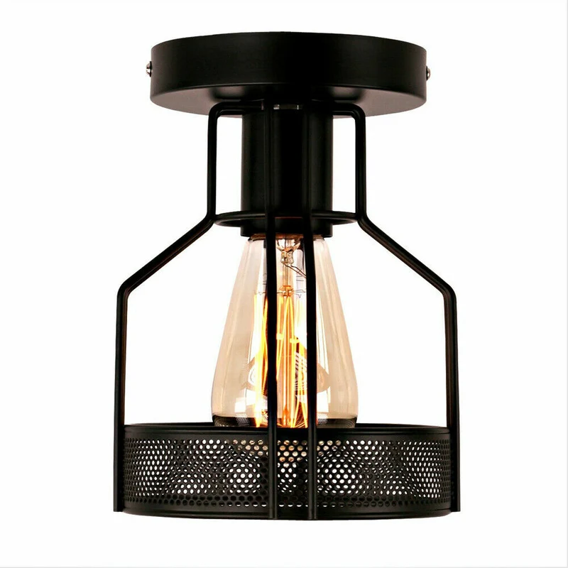 Vintage Geometrische Deckenlampe Schwarz Metall | Retro Käfigleuchte E27~3729