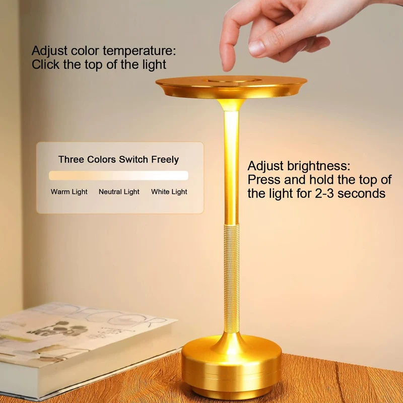 Dimbare Bureaulamp LED USB-C Oplaadbaar Aluminium 3 Lichtstanden Tafellamp Goud Zilver Zwart Modern Werkplek | Sansoti