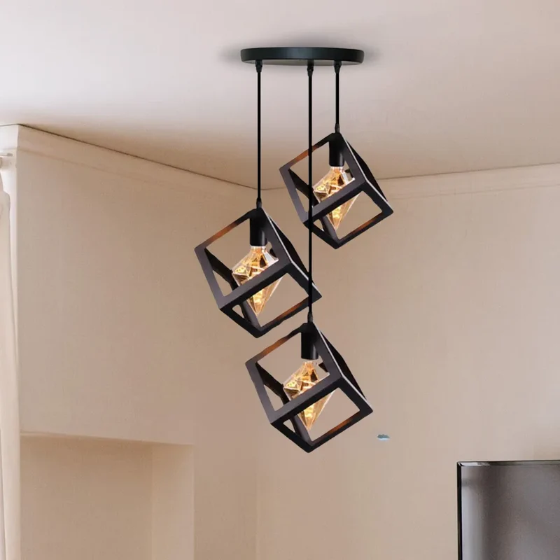 3 Kopf Schwarz Quadratisch Drahtkäfig Pendelleuchte~3499
