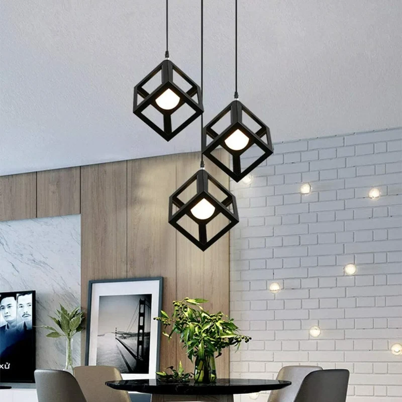 3 Kopf Schwarz Quadratisch Drahtkäfig Pendelleuchte~3499