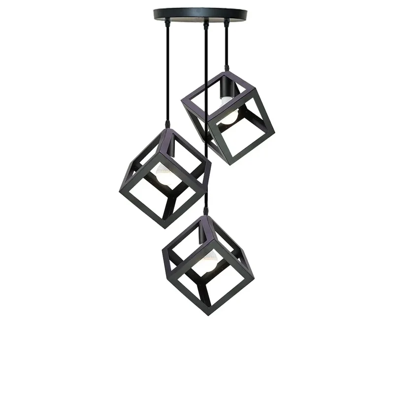 3 Kopf Schwarz Quadratisch Drahtkäfig Pendelleuchte~3499