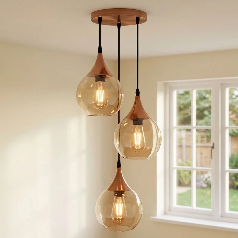 3 Flammige Pendelleuchte Glastropfen Rauchglas E27 ~3672