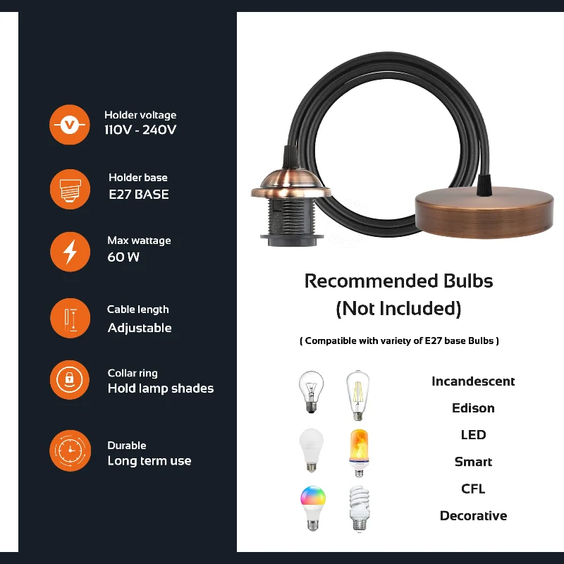E27 Pendelleuchten-Set mit Textilkabel, Metall-Baldachin ~3746