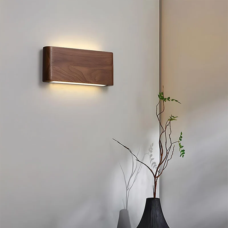 Houten Wandlamp LED Rechthoekig Notenhout Dimbaar 3 Standen Modern Scandinavisch Design Slaapkamer Woonkamer | Sansoti