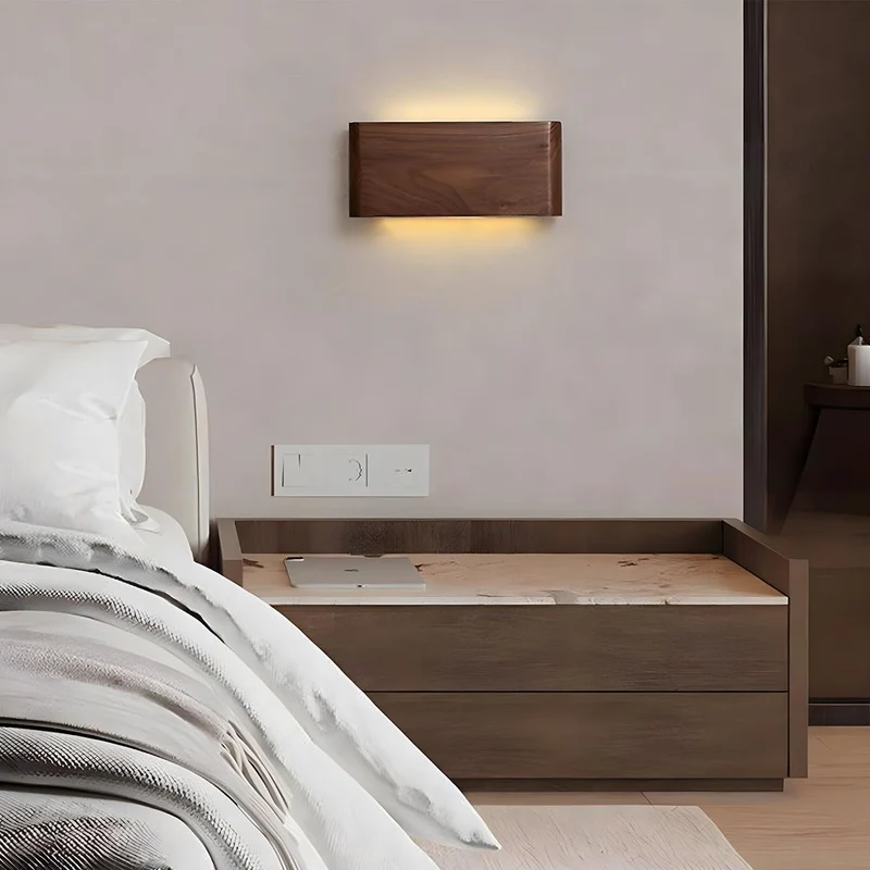 Houten Wandlamp LED Rechthoekig Notenhout Dimbaar 3 Standen Modern Scandinavisch Design Slaapkamer Woonkamer | Sansoti