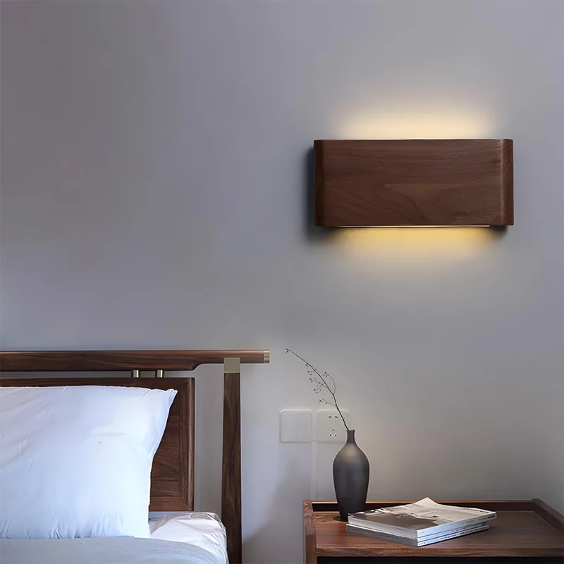 Houten Wandlamp LED Rechthoekig Notenhout Dimbaar 3 Standen Modern Scandinavisch Design Slaapkamer Woonkamer | Sansoti