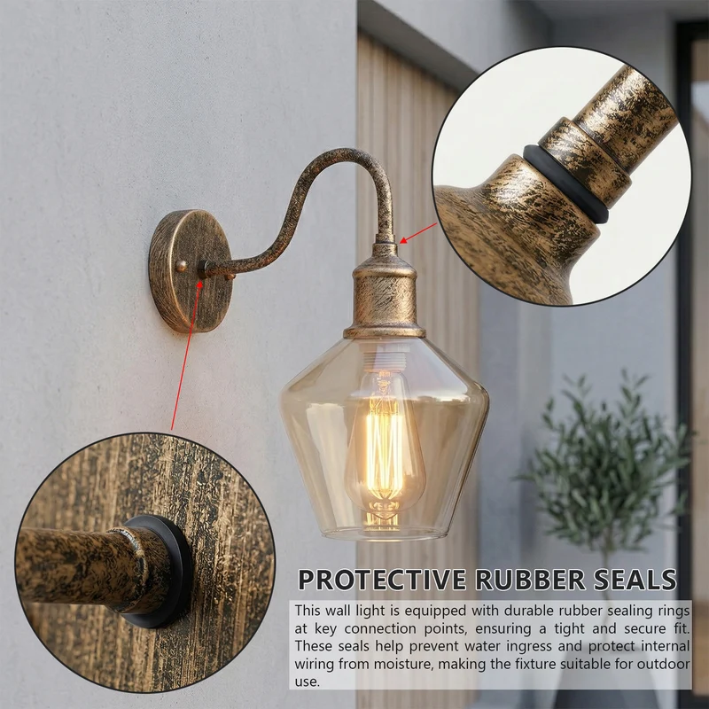 Wandleuchte im Vintage-Industriestil aus Kupfer mit bernsteinfarbenem Glas, E27~3677