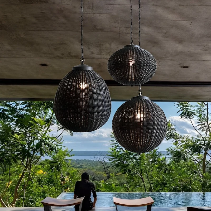 Hanglamp Rotan Waterdicht Rond Zwart Buiten Tuin Terras Sfeerverlichting Lantaarn E27 Verstelbaar Decoratief | Sansoti