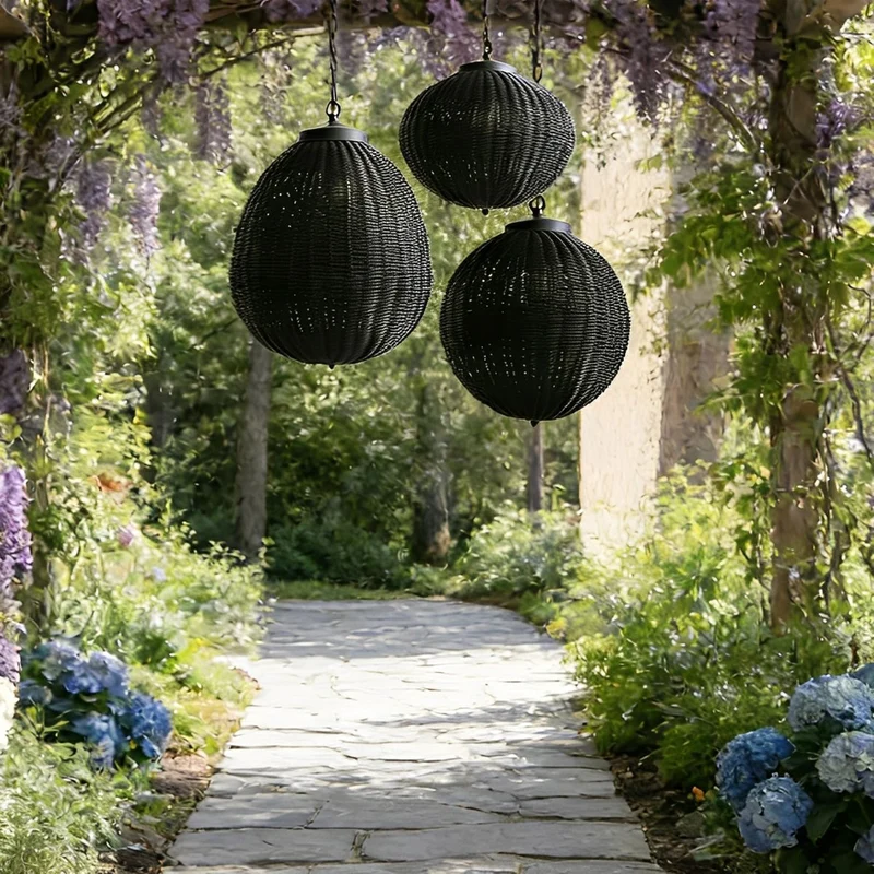 Hanglamp Rotan Waterdicht Rond Zwart Buiten Tuin Terras Sfeerverlichting Lantaarn E27 Verstelbaar Decoratief | Sansoti