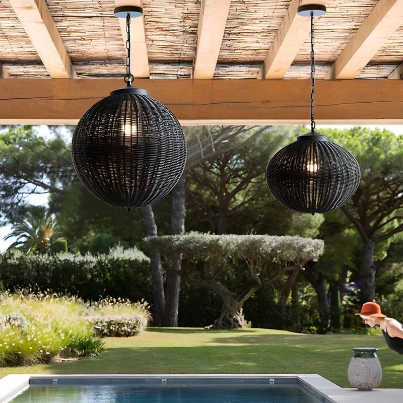 Hanglamp Rotan Waterdicht Rond Zwart Buiten Tuin Terras Sfeerverlichting Lantaarn E27 Verstelbaar Decoratief | Sansoti