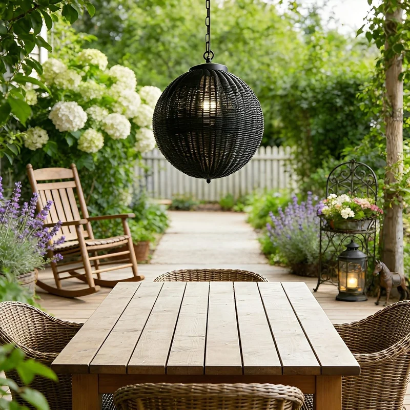 Hanglamp Rotan Waterdicht Rond Zwart Buiten Tuin Terras Sfeerverlichting Lantaarn E27 Verstelbaar Decoratief | Sansoti