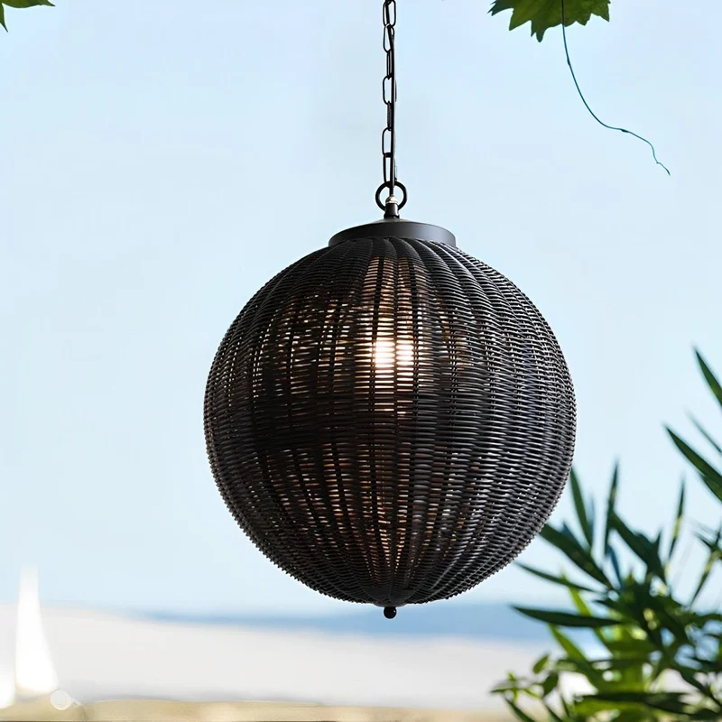 Hanglamp Rotan Waterdicht Rond Zwart Buiten Tuin Terras Sfeerverlichting Lantaarn E27 Verstelbaar Decoratief | Sansoti