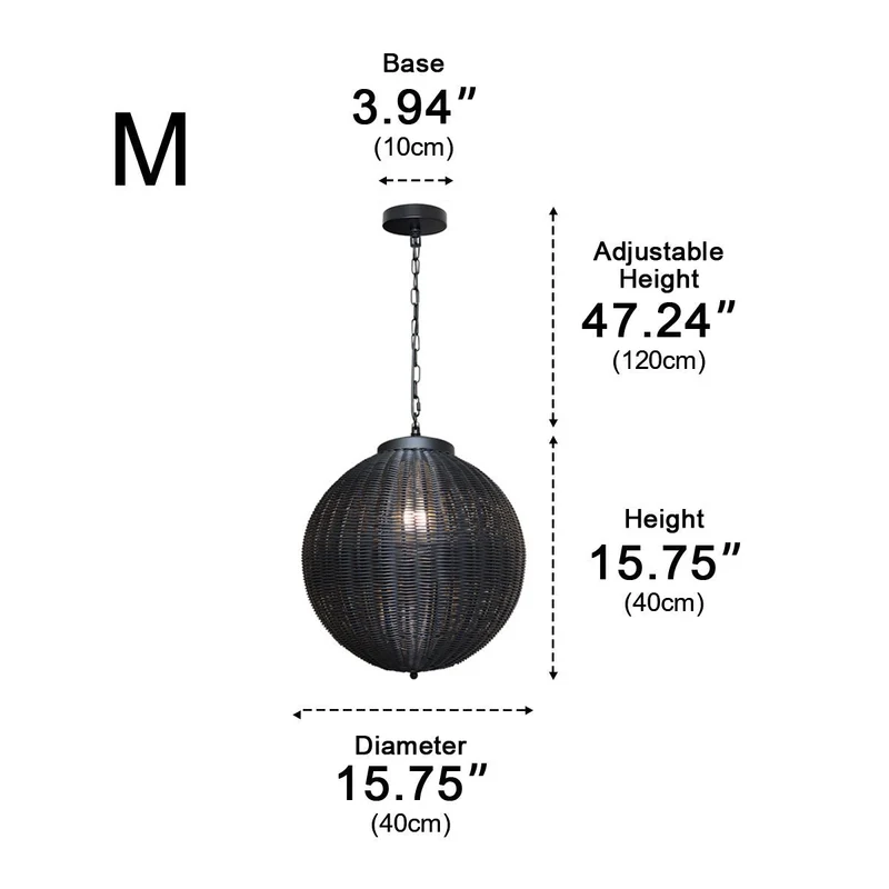 Hanglamp Rotan Waterdicht Rond Zwart Buiten Tuin Terras Sfeerverlichting Lantaarn E27 Verstelbaar Decoratief | Sansoti