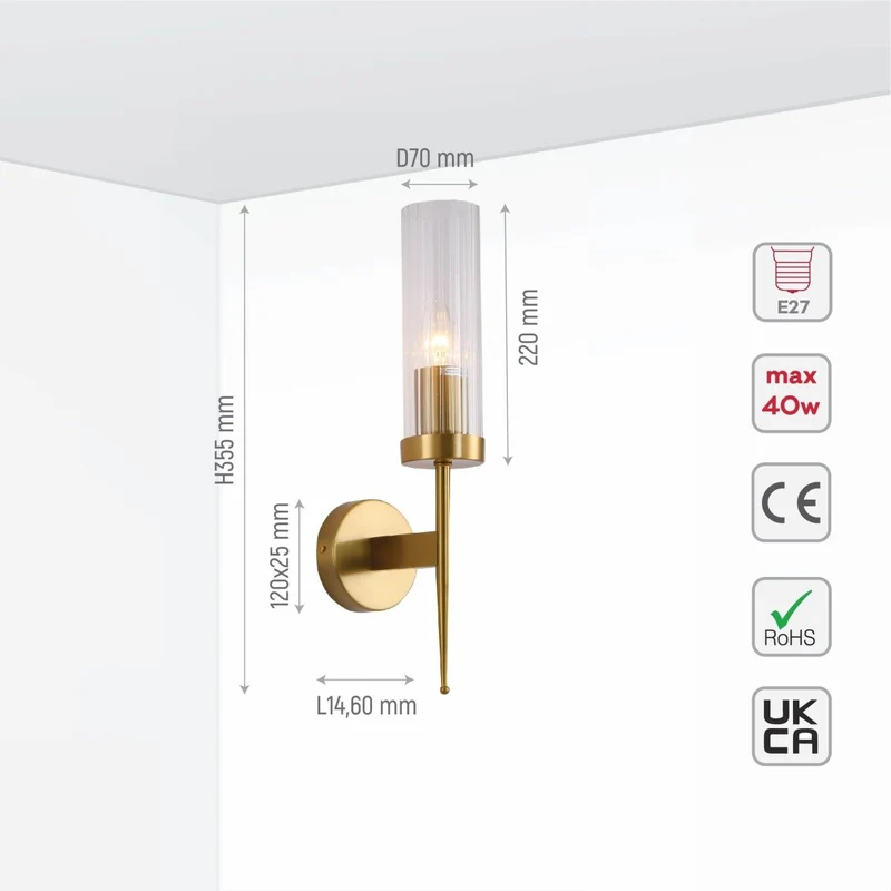 Wandlamp Geribbeld Glas Vintage Art Deco E27 Goud Chroom Nikkel Zwart Dimbaar Cilinder | Sansoti