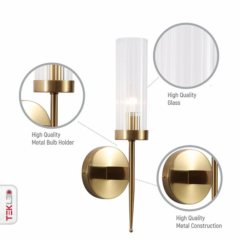 Wandlamp Geribbeld Glas Vintage Art Deco E27 Goud Chroom Nikkel Zwart Dimbaar Cilinder | Sansoti
