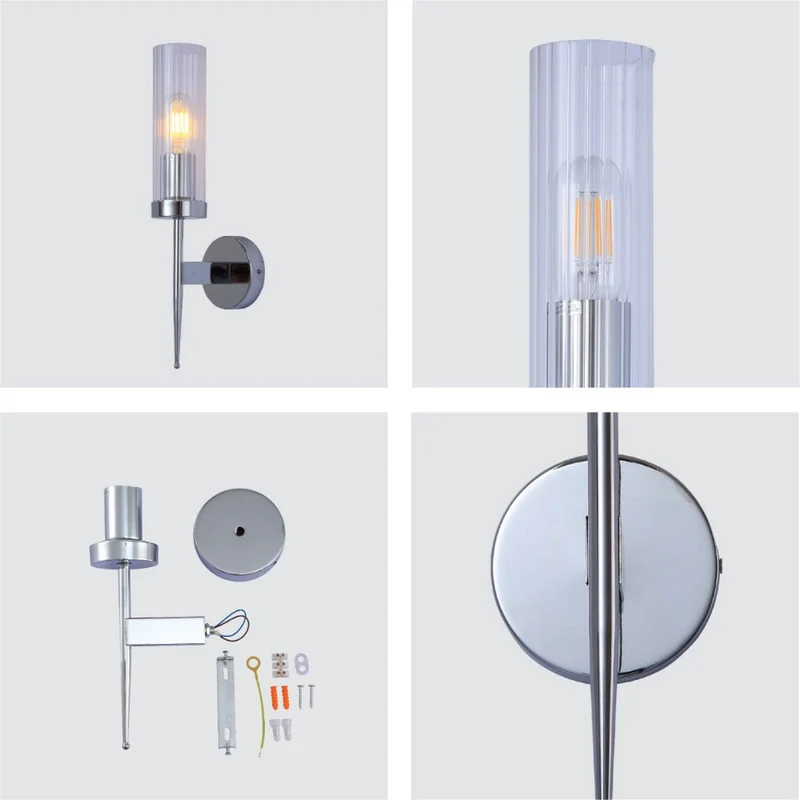 Wandlamp Geribbeld Glas Vintage Art Deco E27 Goud Chroom Nikkel Zwart Dimbaar Cilinder | Sansoti