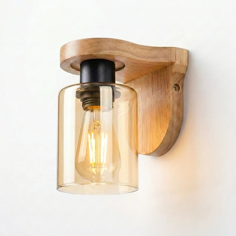 Vintage Wandleuchte Holz E27 | Zylinder Bernsteinglas Schirm Wandlampe~3692