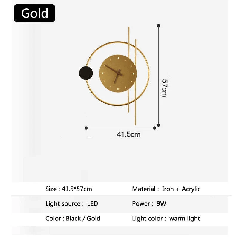Wandklok Met LED Verlichting Metaal Acryl Zwart Goud Decoratief Modern Design Woonkamer Slaapkamer Interieur | Sansoti