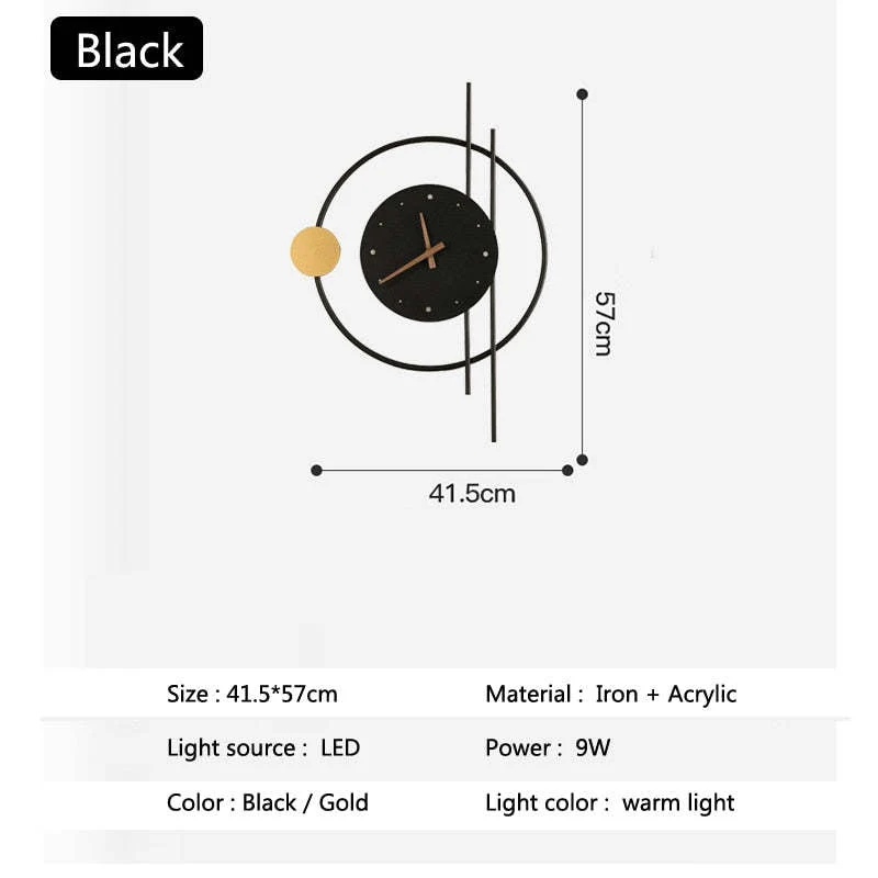 Wandklok Met LED Verlichting Metaal Acryl Zwart Goud Decoratief Modern Design Woonkamer Slaapkamer Interieur | Sansoti