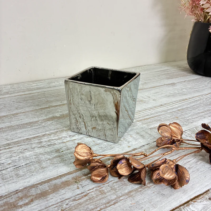 Würfelvase Blumentopf Pflanzentopf Windlicht Silber Metallisch Vase Gebraucht