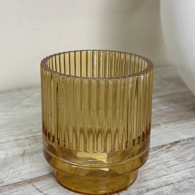 Teelichthalter Windlicht Glas Bernstein Gold Rillenoptik Gebraucht