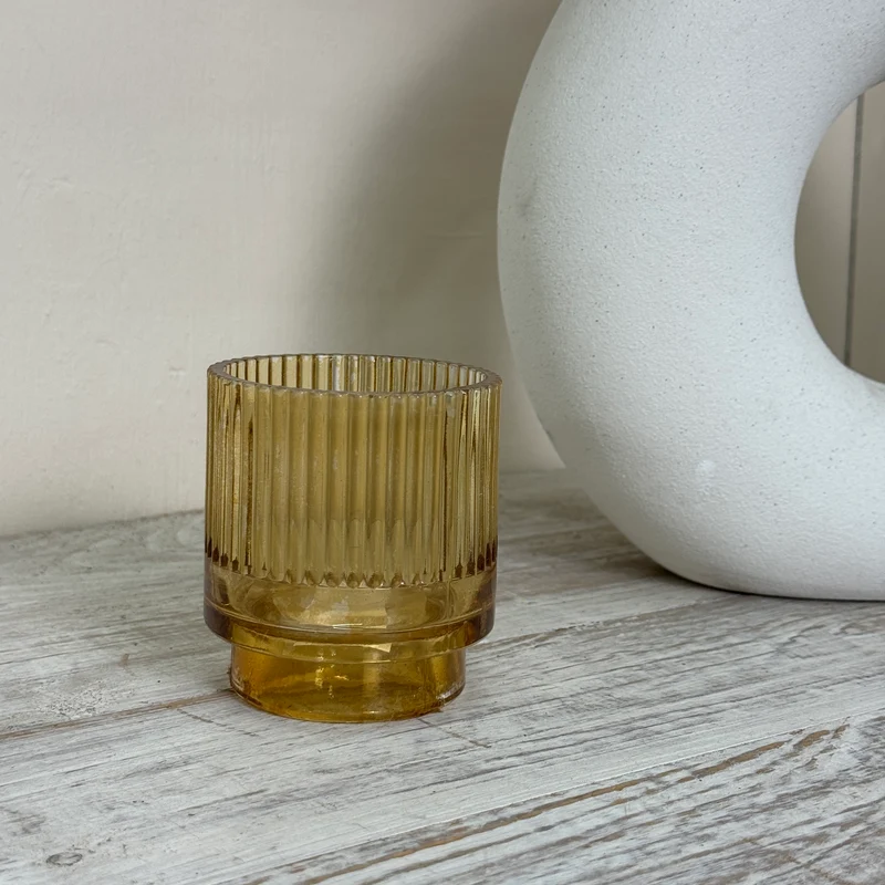 Teelichthalter Windlicht Glas Bernstein Gold Rillenoptik Gebraucht